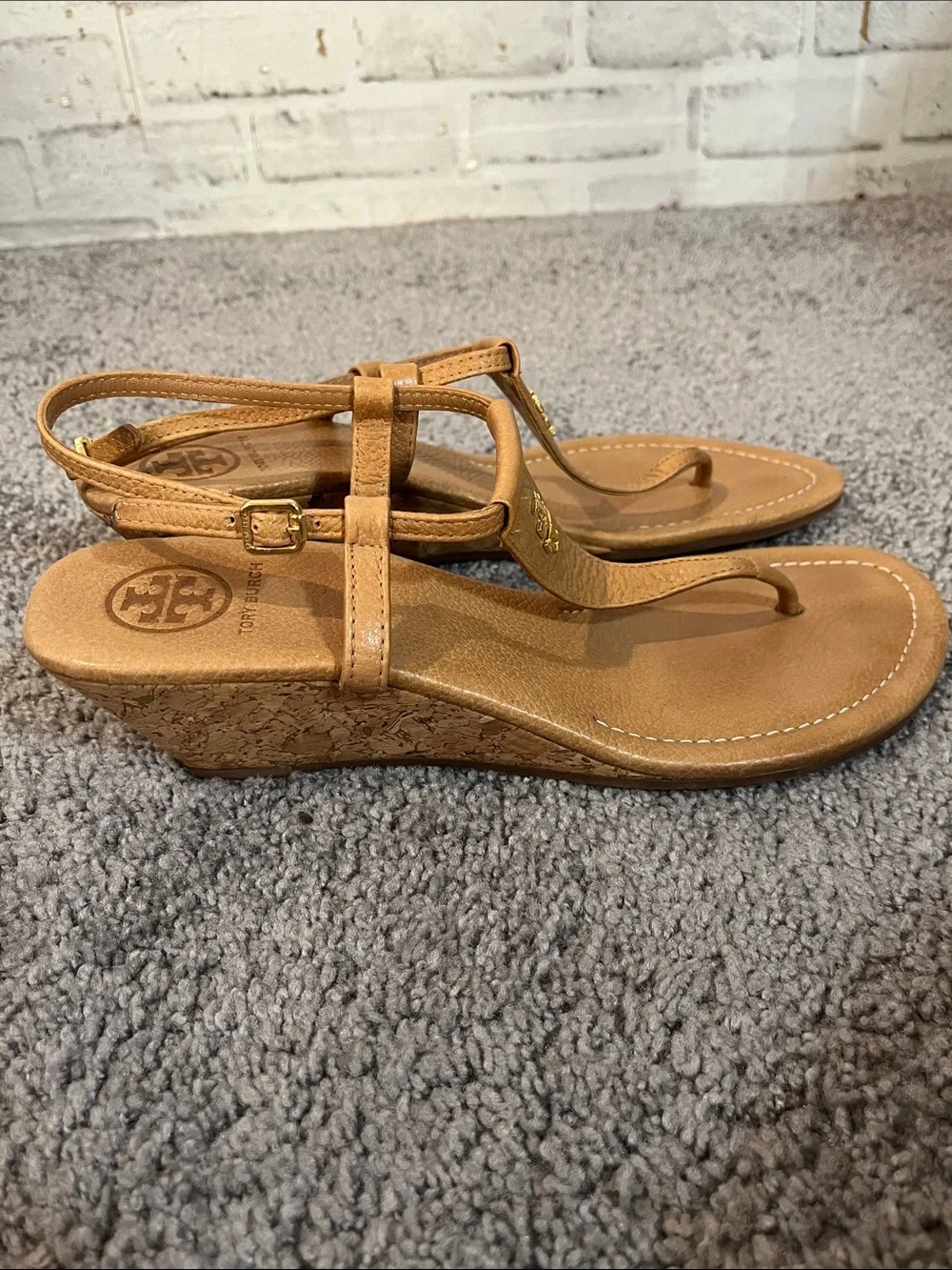 Tory Burch tan leather wedge sandals